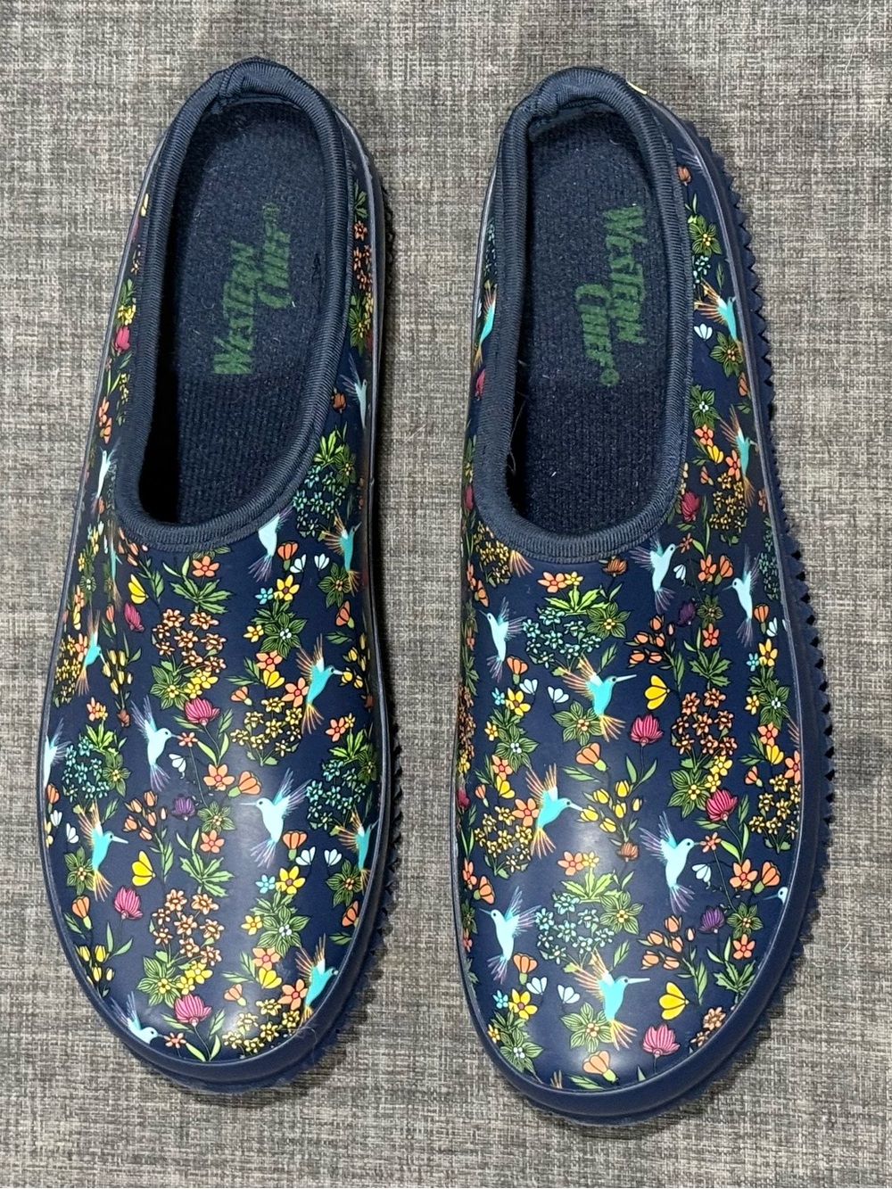 Western Chief Navy Floral Hummingbird Slip-On Mules